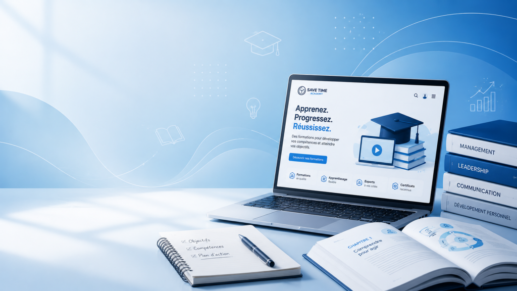 Des livres d'apprentissage et un ordinateur ouvert sur le site de Save Time