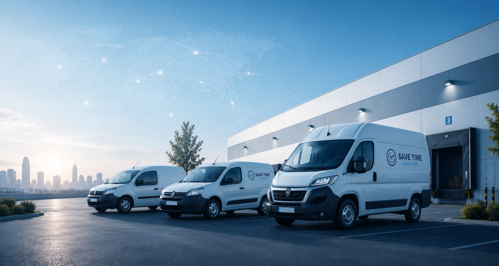 Des camionnettes Save Time garées.